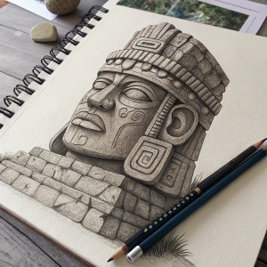 A detailed pencil drawing of an Aztec-inspired Mayan statue by Juan Andres Pascual. The sketch is on a textured notebook page, showcasing the intricate stone texture and facial features. Pencil and sketchbook are visible.