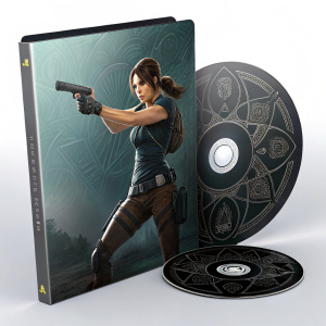 Lara Croft, in dynamic action pose, wielding a gun. Game packaging front and back cover showcase sleek, modern design with dark tones and intricate patterns. Disc centrally placed.