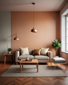 Living room with minimalist furniture and decoration in matte tones, with a single-color wall in the background                  