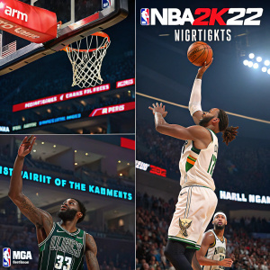 Screenshots from NBA 2K22 featuring game highlights and promotional content.