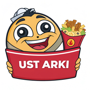 Cartoony mascot for UST Arki, displaying a joyful expression. The red section of the mascot's design reads 'ARKI'
