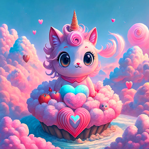 cute big eye unicorn on fluffy cloud with candy