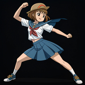 Mako Mankanshoku from Kill La Kill, anime style illustration, cool pose, simple black background.