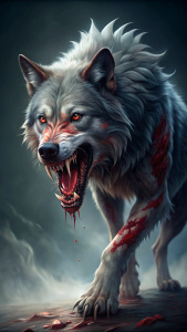 Un lobo, feroz, mostrando sus colmillos, sangrando , con eridad, imagen fotorrealista, foto panorámica, plano entero 