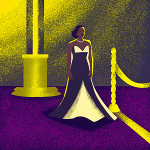 Kerry Washington on the Oscars red carpet. She is wearing a sleek black and white gown with a high neckline and a dramatic hemline. Her hair is styled elegantly, and she has minimal makeup. The background features a large gold structure with the Oscar logo.