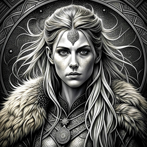 shieldmaiden perfect realistic art, high-definition, high-definition grey and black, white background 