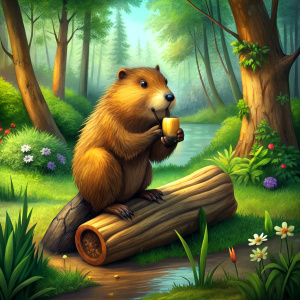 beaver is eating a log in the forest