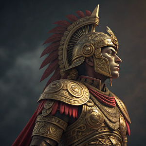 Illustration of a golden Aztec warrior statue with intricate gold and red details. Dark, digital background.