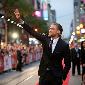 Charlie Hunnam, in a sharp black suit, waving to fans. Crowded street scene, vibrant and energetic atmosphere.
