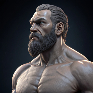 3D digital illustration of a muscular, bearded character. Dark, detailed background. Realistic lighting and shading highlighting muscles and facial features.