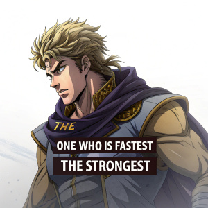 Joseph Joestar, from JoJo's Bizarre Adventure, depicted in a dramatic pose. Quote: 'The one who is fastest is the strongest.' Against stark white background.