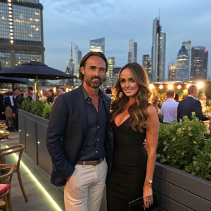 Jay Rutland and Tamara Ecclestone at a trendy rooftop bar in downtown. They both stand out in the bustling crowd, with a skyline backdrop.