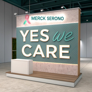Promotional advertisement for Merck Serono's oncology services. Featuring the slogan 'Yes We Care'. 3D rendered design with modern, sleek visuals. Professional and muted color palette. Clean and textured elements.