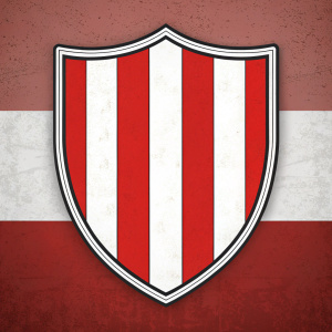 Banner of Vorarlberg, digital artwork. Shield-like design, bold stripes, red and white colors. Simple, clean, graphic style.