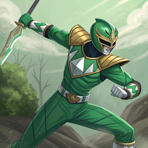 Concept art of the Green Ranger from Power Rangers. Dynamic pose, determined expression, vibrant colors, detailed textures