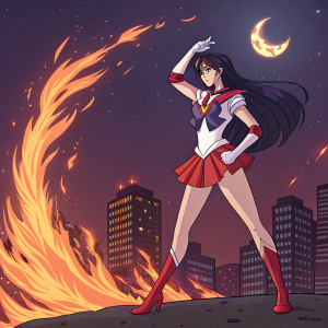 Digital illustration of Sailor Mars. She wears iconic fuku with Mars emblem. Poses in dramatic stance, fiery aura surrounding her. Night cityscape background