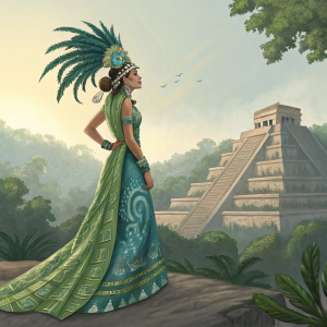 Digital art of Huixtocihuatl, the Aztec goddess of salt and hydration. She wears a flowing green and blue dress adorned with intricate designs and a towering headdress made of feathers and jade. She stands against a vivid backdrop of Aztec temples and lush forests.