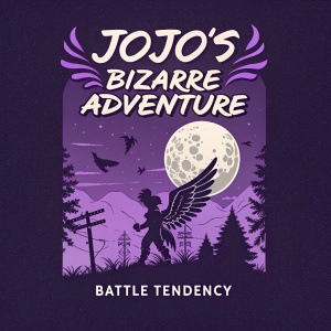 Promotional poster for JoJo's Bizarre Adventure: Battle Tendency. Dark background with full moon, purple color scheme, retro comic book style, dynamic shapes, stylized font, mythical creature silhouette with wings