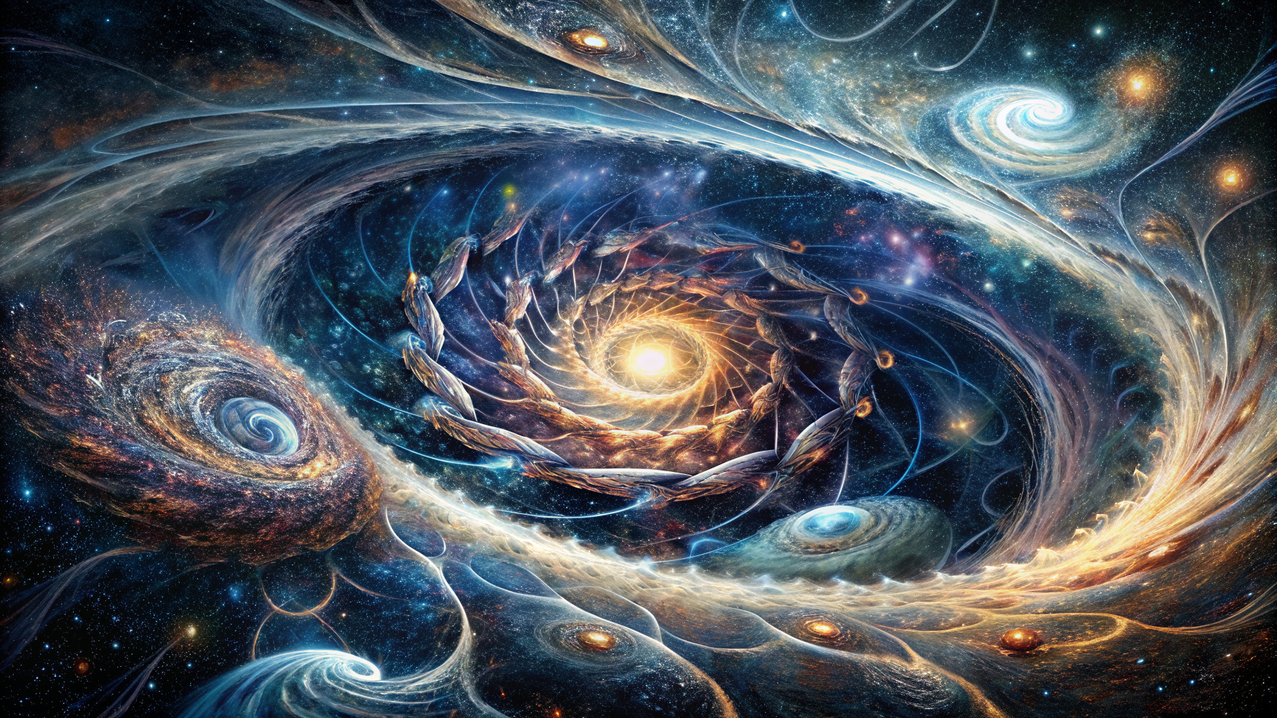 A cosmic weaver spinning galaxies and stars into intricate patterns, symbolizing the interconnectedness of creation.