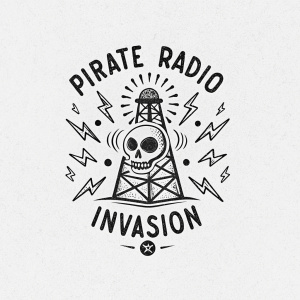 Logo for Pirate Radio Invasion featuring a stylized radio tower, skull, and lightning bolts. Hand-drawn flat design in black and white with bold font. No shading, simple and impactful.