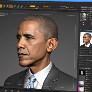 Creation of Barack Obama's digital avatar on a 3D modeling software interface. Features like Render, Window, and Display visible. Focus on realistic head and upper torso, with progress view of face in close-up.