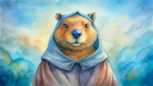 capybara with a flirting face.  cartoon form wearing a robe with a hood.