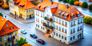 isometric view from 45deg. tiltshift. Miniature narrow, Polish oldtown house, with four floors and balconies, garage near the building, miniature car parked outside the garage, on the ground, not on the roof. A lot of detail on the balcony: flower pots, laundry. Large gold coin leaning against the wall of miniature. 