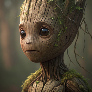 Close-up of Baby Groot's face. Woody texture and moss-like features. Subdued background, emphasizing intricate bark and moss details.