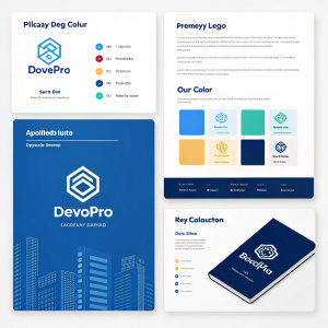 Digital branding guide for DevPro showcasing various logo color schemes. Includes primary logo color guidelines and a detailed note on the application of DevPro Blue Logo.