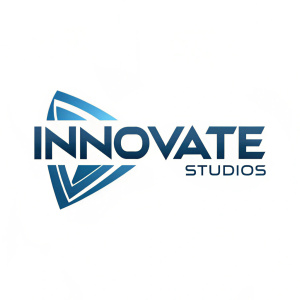 Creative design of a logo for Innovate Studios. The logo is a fusion of modern and sleek elements. It features bold, angular typography in bright blue against a white background, complemented by a stylized, geometric symbol.