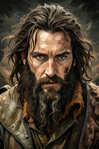 brutal young lumberjack in medieval clothes with dirty long hair and black beard, 20 years old, gloomy, dirty face, dirty hair, autistic, close up, abstract black background, comic book style