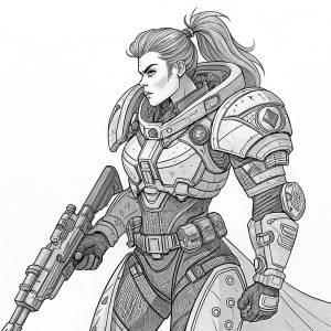 A detailed line-art drawing of Brigitte from Overwatch. The artwork captures her armored outfit with futuristic elements. She is depicted in a combat-ready stance, holding a weapon.
