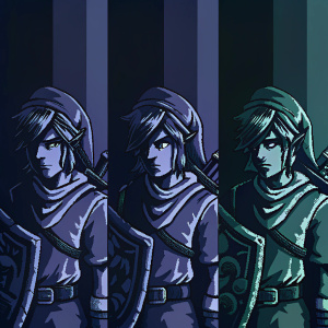 Pixel art series of Link from Legend of Zelda. Progression from basic 8-bit design to vibrant HD illustration. Each frame has distinct color palette. Background is consistent black
