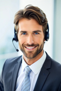 Handsome male call center operator in headset working in modern office. Hotline support service concept