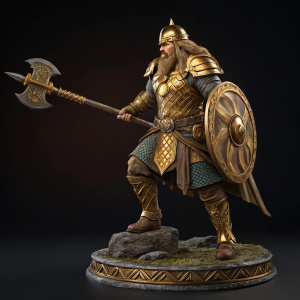Fili, dwarf warrior, stands in detailed 3D statue. Golden armor and intricate weapons. Dark background, illuminated statue.