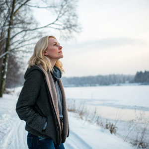 Caucasian woman, blonde hair, casual attire, outdoors in snowy landscape, serene demeanor.