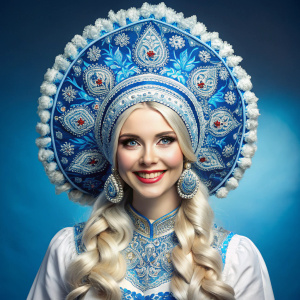 улыбающаяся девушка по пояс с белыми косами в кокошнике голубом в стиле гжель