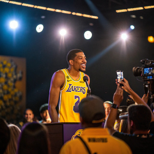 De'Anthony Melton, wearing a Lakers jersey, center stage at an NBA press conference. Bright lights and cheering fans in the background.