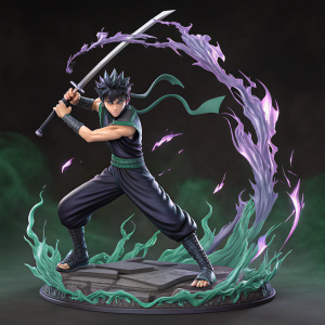 3D render of Hiei from Yuyu Hakusho. Intense battle stance with katana unsheathed. Base surrounded by intricate, swirling green and purple flames. Dark, dramatic background