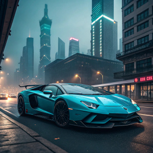 Teal blue Lamborghini Aventador SV in a futuristic cityscape. Sleek design, sharp angles, and prominent grille. Rendered in photorealistic style.