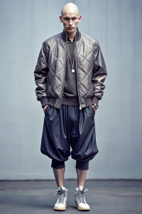 эскиз мужской одежды street style, скетч, дизайн одежды 2024, fashion, изысканный спортивный шик, стиль, очень большие кроссовки, бомбер оверсайз, одежда как оригами, украшение цепочки, молодой лысый мужчина славянский тип лица.