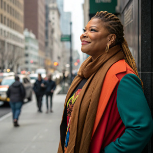 Queen Latifah, in vibrant attire, stands against a bustling city street backdrop. Cornrows, brown scarf, warm smile.