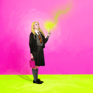 Luna Lovegood, the quirky witch from Harry Potter, depicted in a whimsical watercolor. Blonde hair flowing freely, dressed in the Hogwarts school uniform, standing against a backdrop of the Forbidden Forest. Gentle and determined expression.