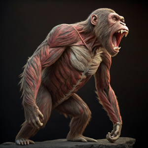 Detailed 3D digital artwork of an orangutan's anatomy, scaled down to 1/6th. Depicting intricate muscular structures and an aggressive stance with mouth agape. Dark background highlighting the anatomical model.