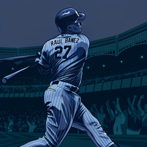 Raul Ibanez in intense batting stance at Yankee Stadium. Dark blue jersey, number 27 visible. Crowd cheering in background. Muted colors, focus on baseball action.