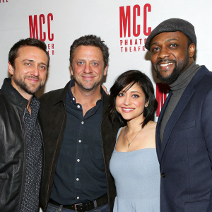 Raul Esparza, David Mason, Krysta Rodriguez, and W. Tre Davis posing together at a MCC Theater event. Simple white backdrop