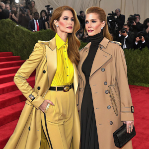 Sarah Gray Rafferty and Lorena Rae on the Met Gala red carpet. Sarah in a yellow blouse paired with a tan trench coat. Lorena in a black turtleneck and tan trench coat. Event logos visible in the background.