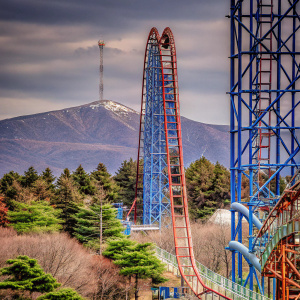 A thrilling roller coaster named Eejanaika in the Fuji-Q Highland amusement park. The coaster features a towering structure and a vibrant red track winding through the landscape of Yamanashi Prefecture, Japan.