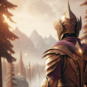 Avarita, in elaborate golden armor, stands against a fantasy landscape. The armor features a mix of gold, purple, and brown hues.