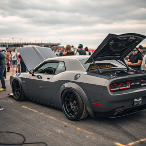 Customized matte gray Dodge Challenger at a bustling outdoor car meet. Open hood and rear hatch showcasing engine and interior. Dark angular lines and racing tires visible. Focus on car's sleek design and details.